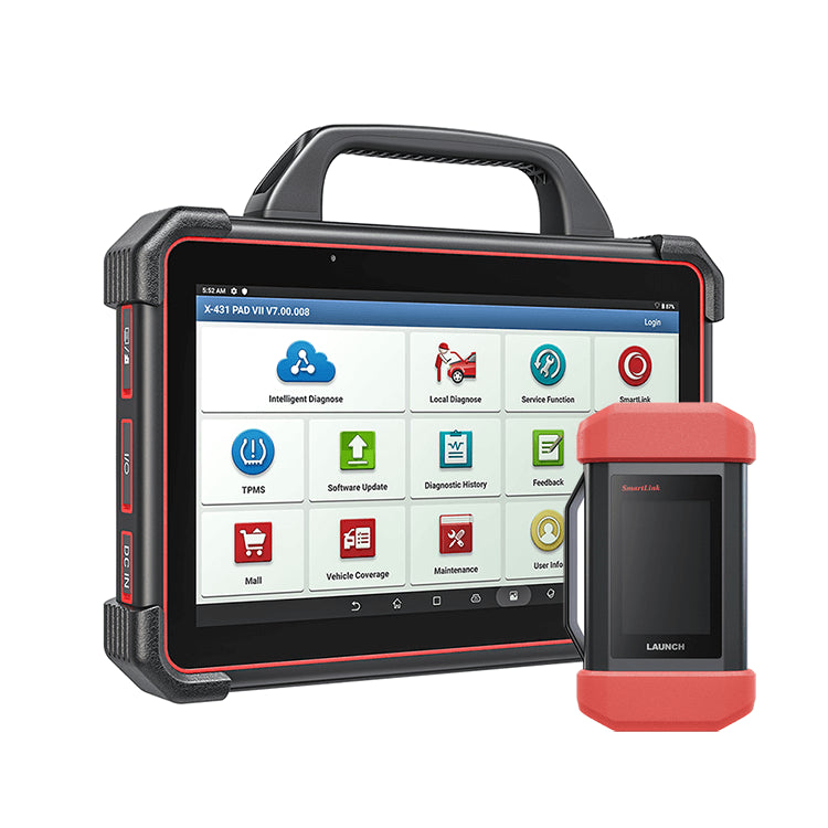 Launch X431 PAD VII Diagnostic Tool: The sleek and modern design features a large 13.3-inch touchscreen display. The smartbox, positioned on the side, enhances functionality. The screen showcases interactive touch controls for seamless navigation and diagnostics.