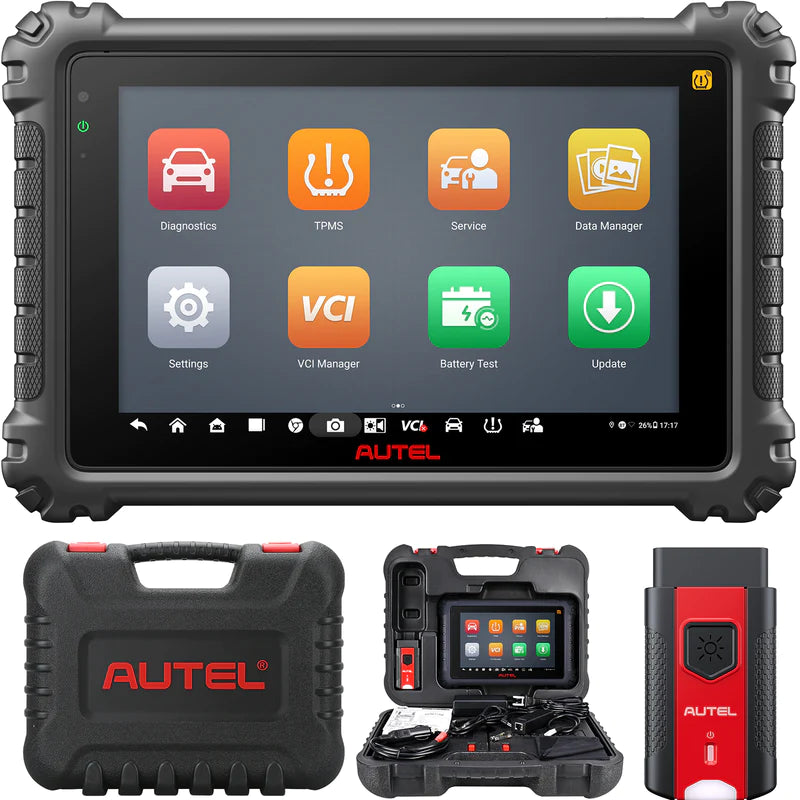 An image displaying the interface of the Autel MS906 diagnostic scanner, accompanied by a hard case positioned at the bottom.