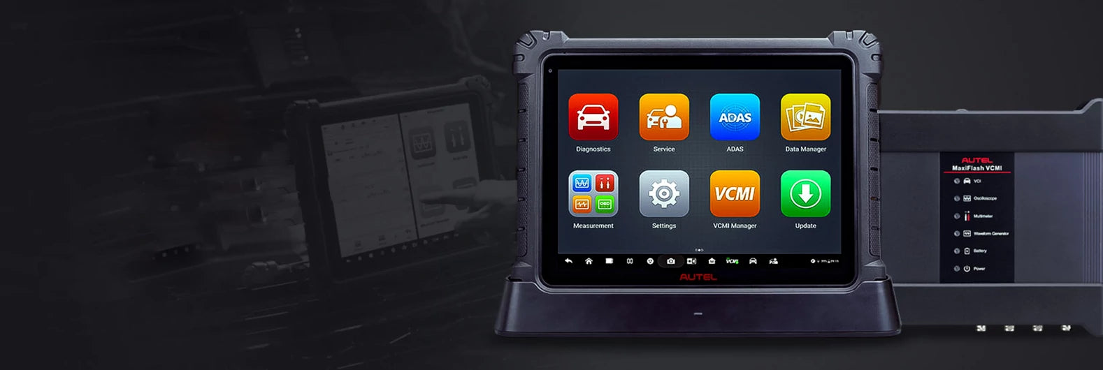 The Autel Maxisys Elite interface, a sleek and intuitive dashboard, displays a vibrant touchscreen with a variety of diagnostic functions and tools. The interface showcases clear icons, menu options, and live data readings, providing users with comprehensive control and analysis of vehicle systems. 