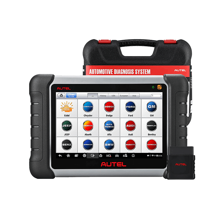 The Autel MaxiPRO MP808TS, a compact and ultra-portable diagnostic tool, is placed outside the sturdy hard case. Its design exudes a sense of durability and practicality. The case features a secure latch for easy opening and closing, ensuring that the device remains protected during transport and storage. The exterior is sleek and professional, with the Autel logo subtly embossed on the front.