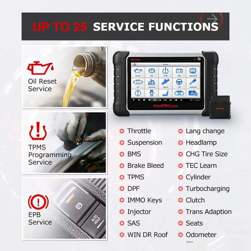 Autel MaxiPRO MP808TS, a powerful diagnostic tool with 25+ service functions, including oil reset, DPF regeneration, ABS/SRS, EPB service, SAS service, and more.